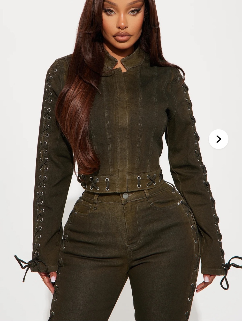Take Notes Lace Up Stretch Acid Wash Crop Denim Jacket Olive w/ Bootcut Jeans M